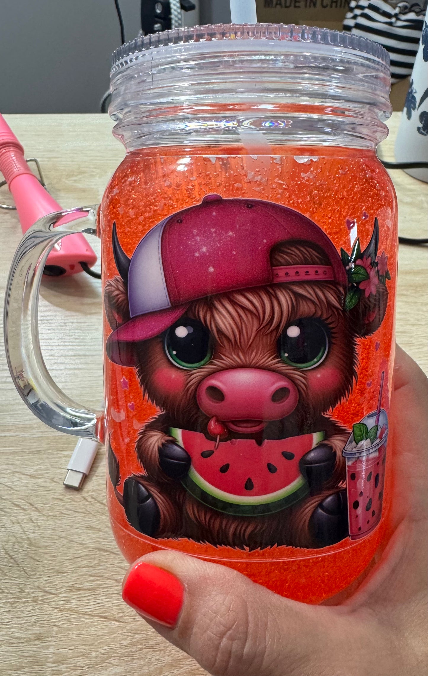 Mason Jar Acrylic Slushy Cup Cow/Watermelon
