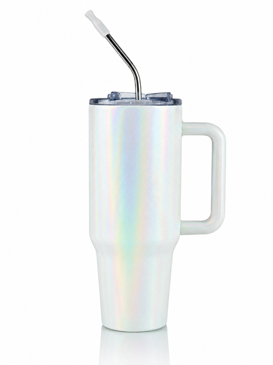 40oz Holographic White Stainless Steel Tumbler with Handle