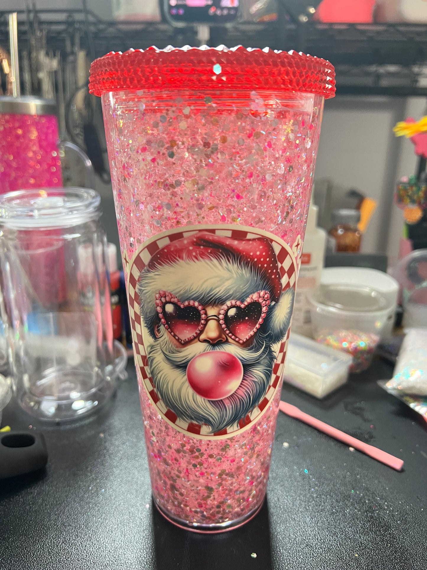Premade 24 oz acrylic Glow in the Dark - Bubblegum Santa Cup