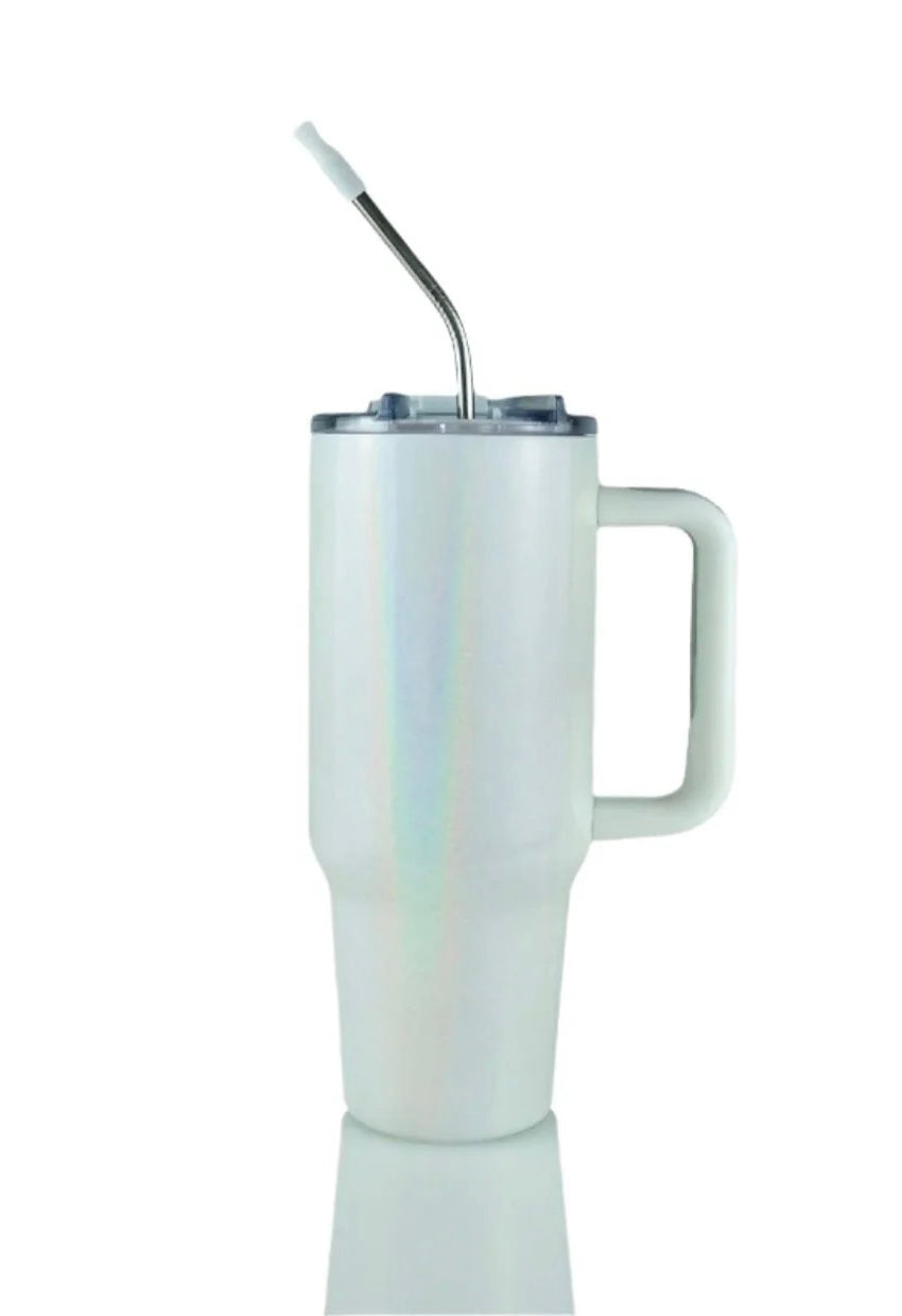 40oz Holographic White Stainless Steel Tumbler with Handle