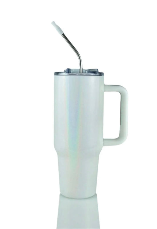 40oz Holographic White Stainless Steel Tumbler with Handle